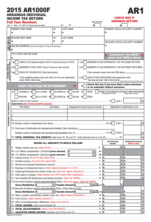 Pre Fill Ar1 2015 Ar1000f Arkansas Individual Income Tax Return Full Year Resident Check Box If 5197