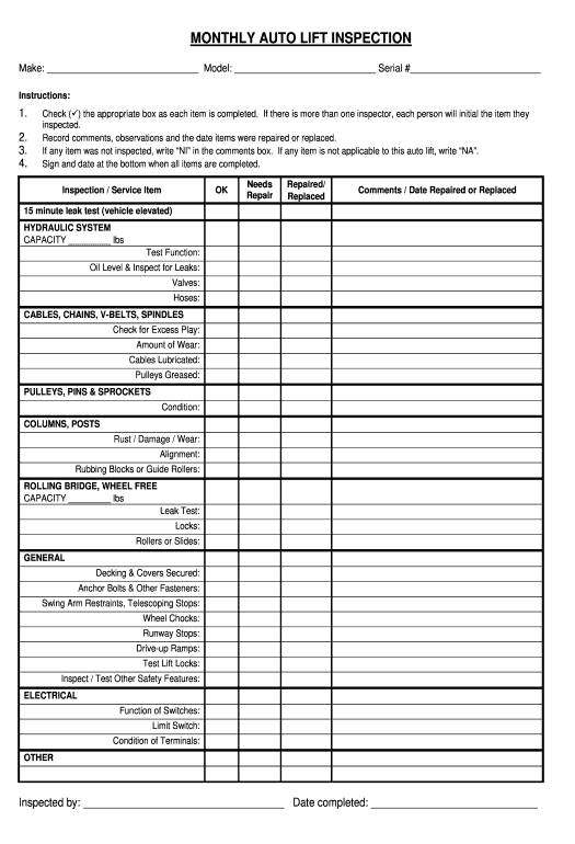 Automate safety inspection form car lift