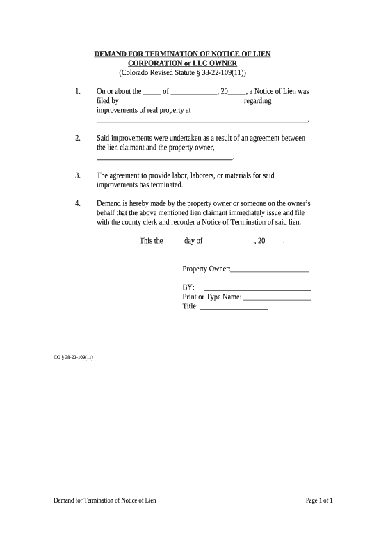 Arrange Demand For Termination Of Notice Of Lien Corporation Or Llc Colorado Pre Fill From 9934