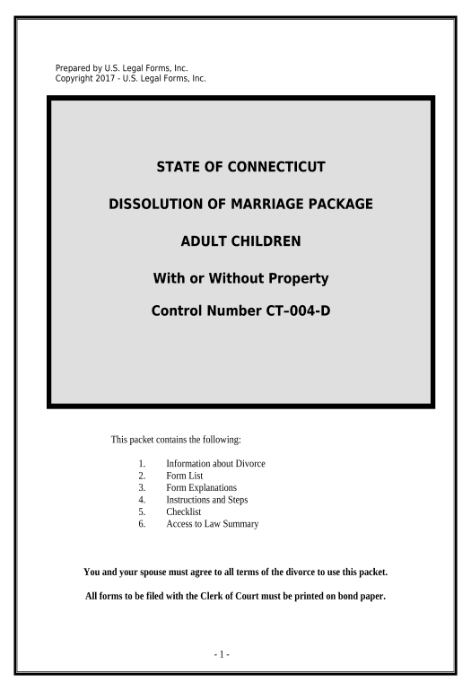 Export No-Fault Uncontested Agreed Divorce Package for Dissolution of Marriage with Adult Children and with or without Property and Debts - Connecticut Invoke Salesforce Process Bot