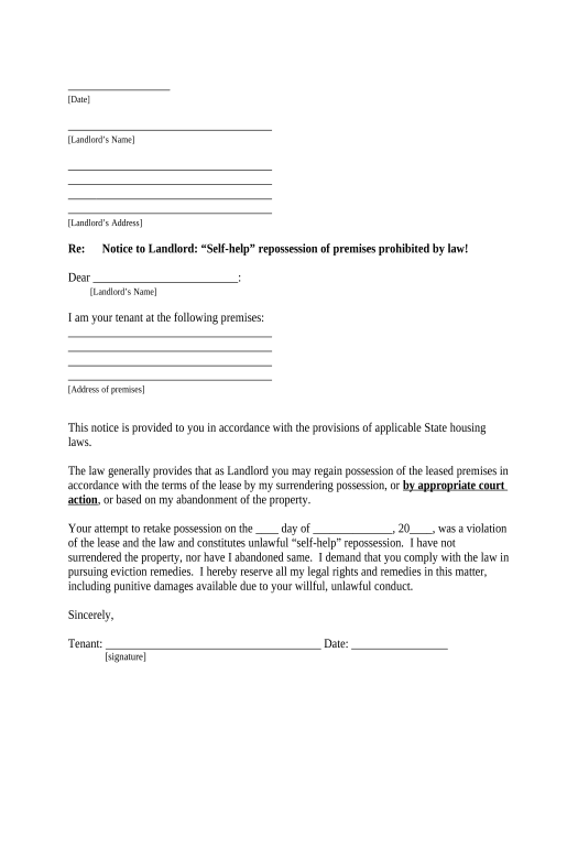 Export Letter from Tenant to Landlord about Landlord using Unlawful Self-Help to Gain Possession - Delaware Pre-fill from CSV File Bot