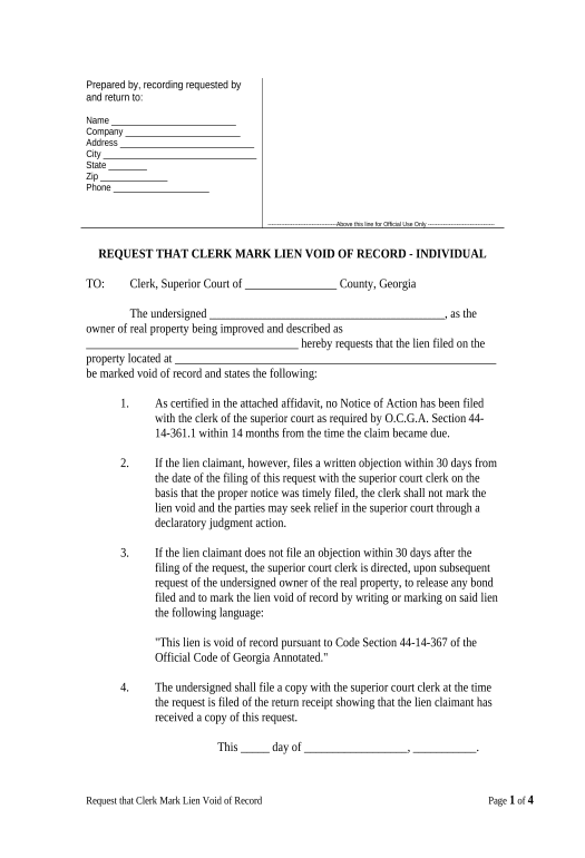 Archive Request that Clerk Mark Lien Void of Record - Individual - Georgia Update MS Dynamics 365 Record