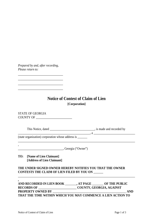 Integrate Notice Of Contest Of Claim Of Lien Corporation Or Llc Georgia Calculate Formulas 9807