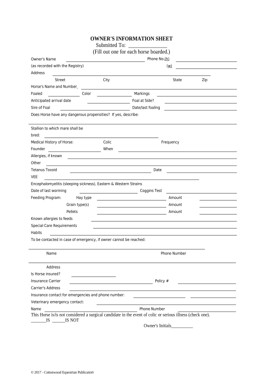 Archive Owner's Information Sheet - Horse Equine Forms - Idaho Rename Slate document Bot