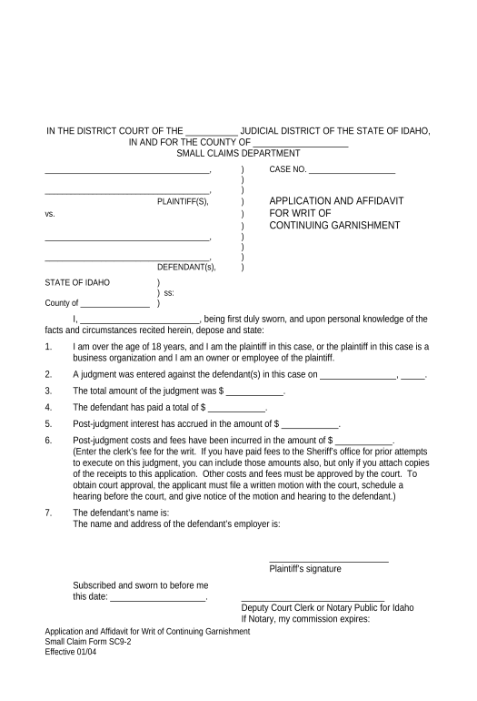 Archive Application and Affidavit for Writ of Continuing Garnishment - Idaho Box Bot