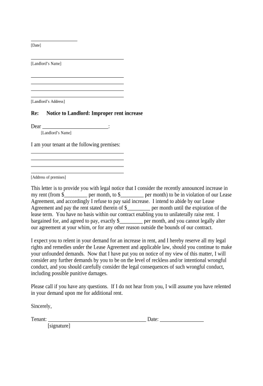 Export Letter from Tenant to Landlord containing Notice to landlord to withdraw improper rent increase during lease - Illinois Unassign Role Bot