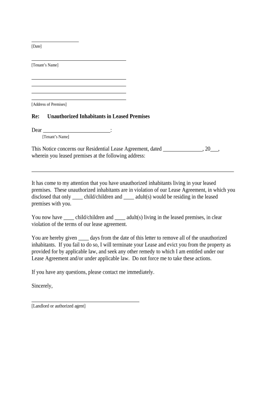 Pre-fill Letter from Landlord to Tenant as Notice to remove unauthorized inhabitants - Illinois Email Notification Bot