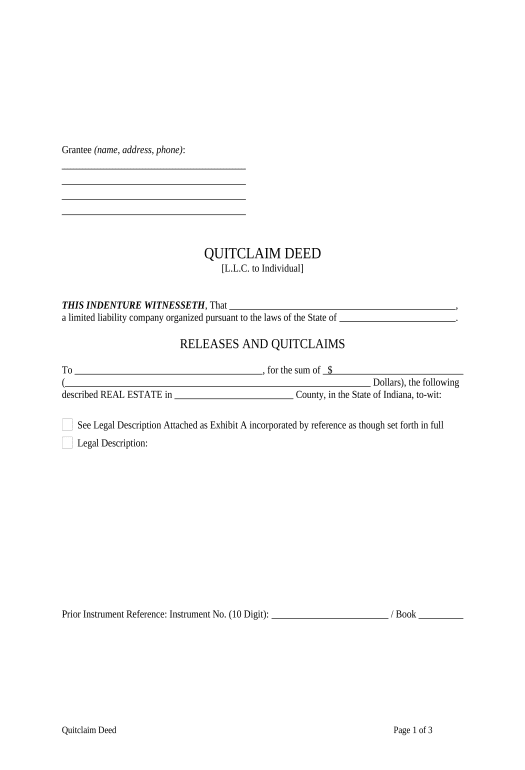 Pre-fill Quitclaim Deed from a Limited Liability Company to an Individual - Indiana SendGrid send Campaign bot