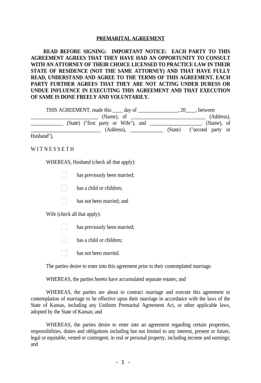 Export Kansas Prenuptial Premarital Agreement with Financial Statements - Kansas Slack Notification Postfinish Bot