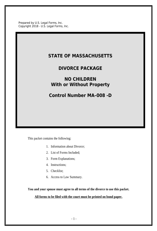 Pre-fill No-Fault Agreed Uncontested Divorce Package for Dissolution of Marriage for Persons with No Children with or without Property and Debts - Massachusetts Pre-fill from MySQL Bot