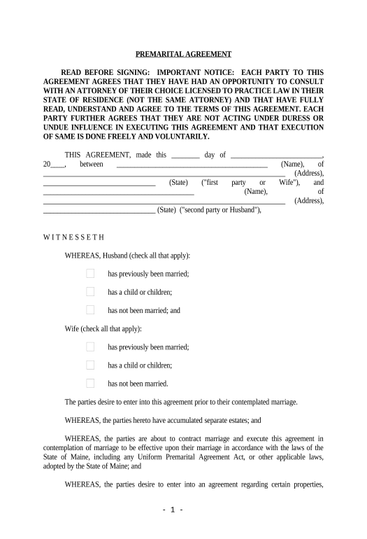 Arrange Maine Prenuptial Premarital Agreement without Financial Statements - Maine Slack Notification Bot