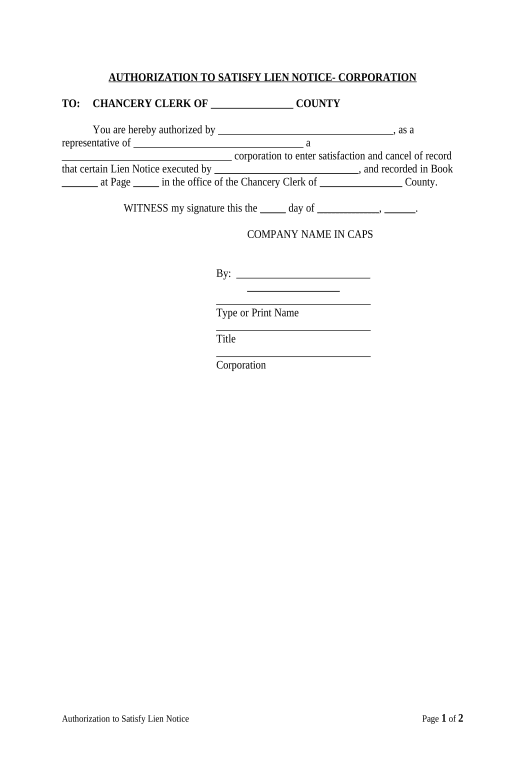 Automate Authorization To Satisfy Lien Notice Corporation Or Llc Mississippi Pre Fill From 0392