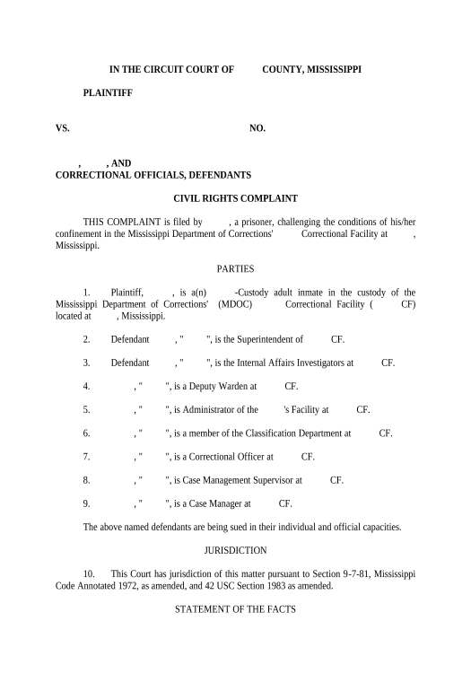 Automate A01 Claims By Prisoner Of Sexual Harassment And Other Grounds Mississippi Create Ms 1872