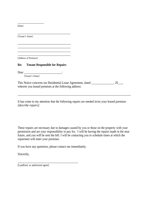 Arrange Letter from Landlord to Tenant as Notice to tenant to repair damage caused by tenant - North Dakota Export to MySQL Bot