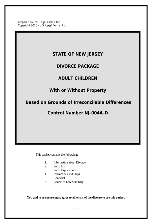 Manage No-Fault Uncontested Agreed Divorce Package for Dissolution of Marriage with Adult Children and with or without Property and Debts Based on Grounds of Irreconcilable Differences - New Jersey Salesforce