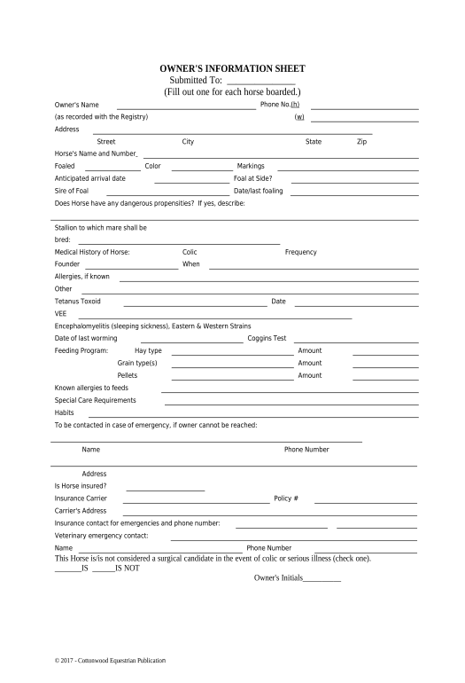 Incorporate Owner's Information Sheet - Horse Equine Forms - Oklahoma