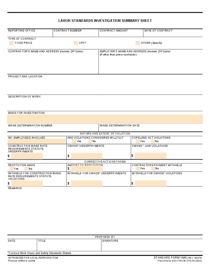 Labor Standards Investigation Summary Sheet Flow Template for Fort Worth
