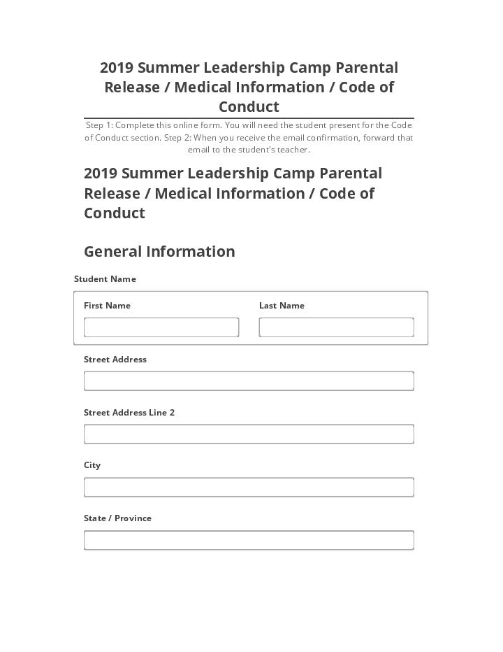 Synchronize 2019 Summer Leadership Camp Parental Release / Medical Information / Code of Conduct with Microsoft Dynamics
