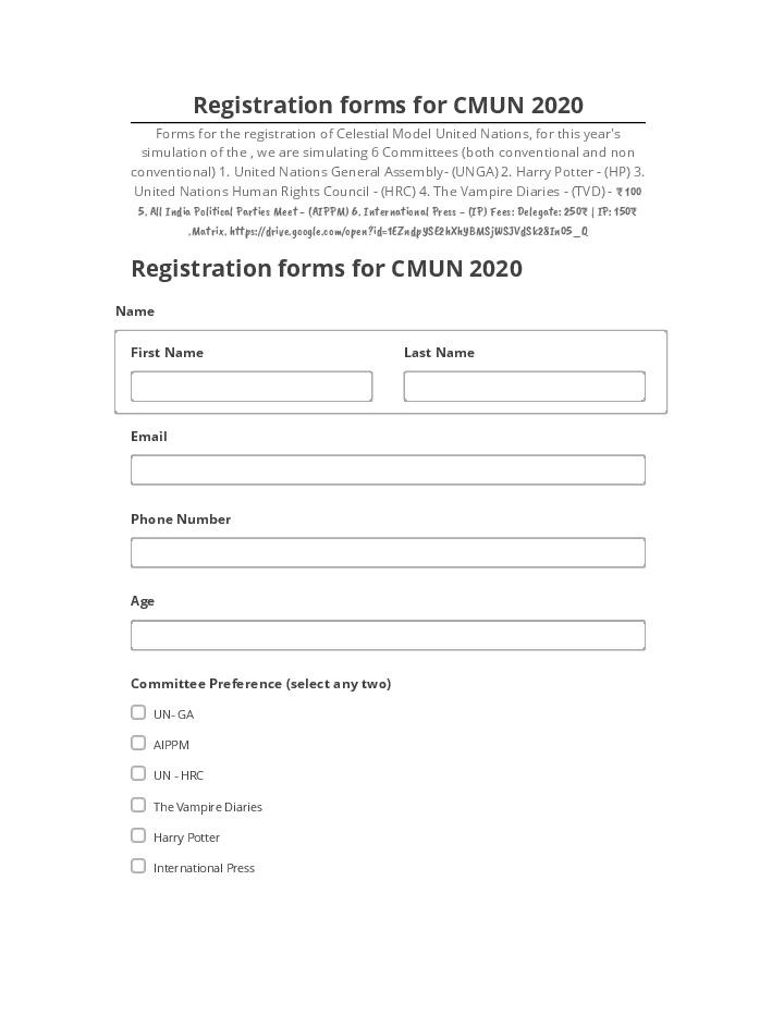 Pre-fill Registration forms for CMUN 2020 from Netsuite