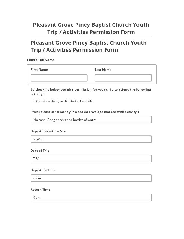 Incorporate Pleasant Grove Piney Baptist Church Youth Trip / Activities Permission Form in Netsuite