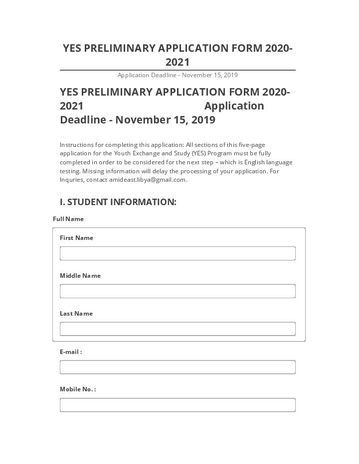 Incorporate YES PRELIMINARY APPLICATION FORM 2020-2021 in Salesforce