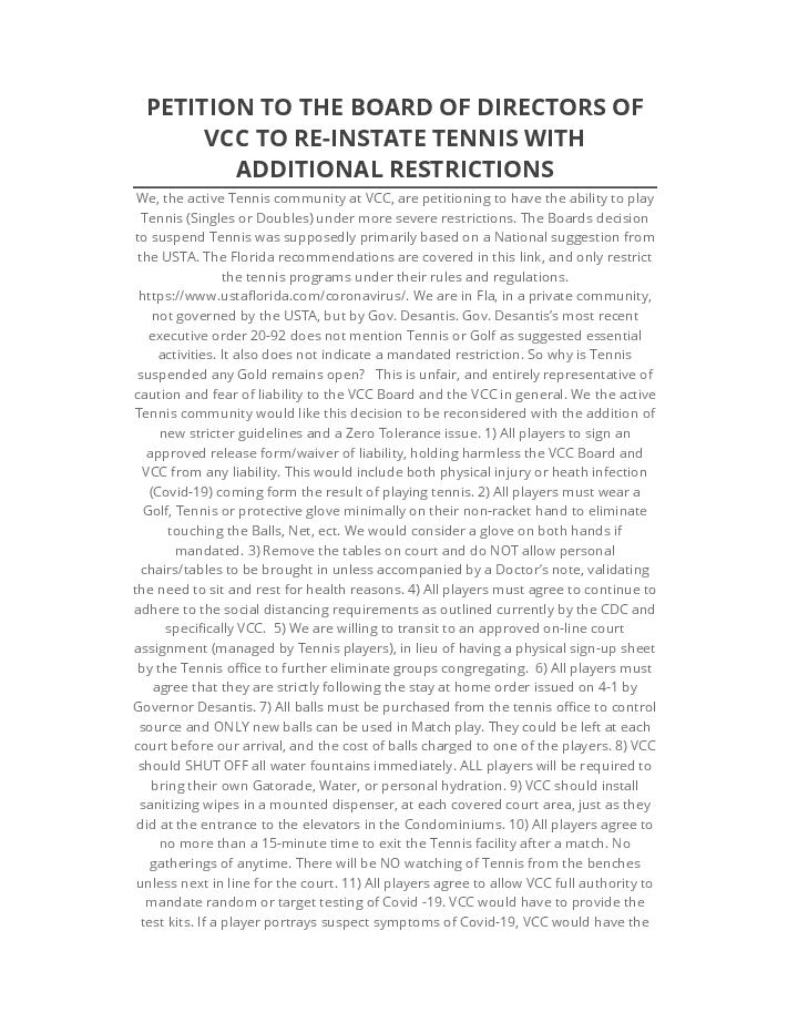 Update PETITION TO THE BOARD OF DIRECTORS OF VCC TO RE-INSTATE TENNIS WITH ADDITIONAL RESTRICTIONS