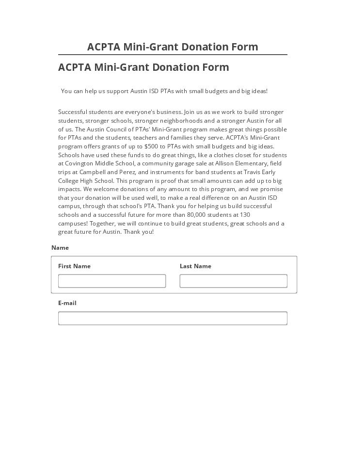 Incorporate ACPTA Mini-Grant Donation Form Salesforce